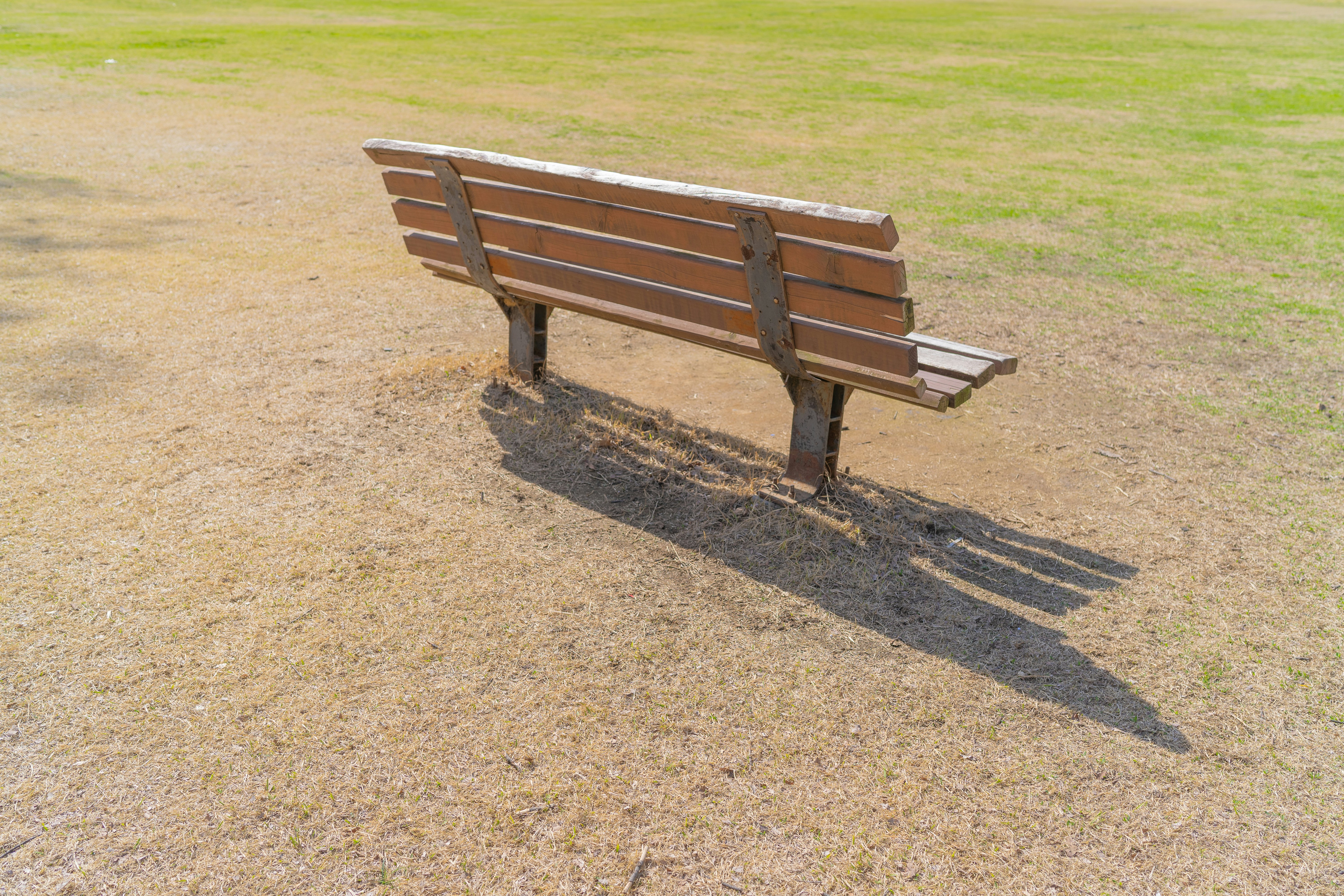 brown wooden bench on brown field during daytime